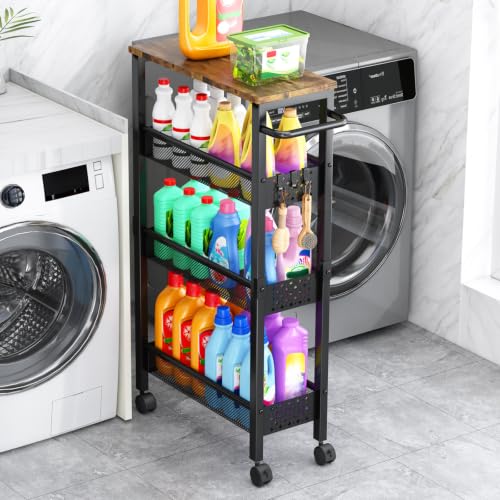 Vivihomety Utility Slim Storage Cart with Wheels, 4 Tier Small Rolling Cart with Wood Top, Metal Kitchen Bathroom Laundry Room Organization Trolley with Handle for Narrow Space – Black - color: Black, size: 7.1 inch wide