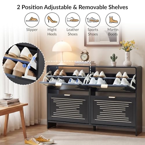 47.2'' Shoe Storage Cabinet for Entryway, Narrow Shoe Rack Organizer with 4 Flip Drawers, Freestanding Wood Hidden Shoe Cabinet with Adjustable Shelf for Hallway, Living Room (Black, 47.24'')
