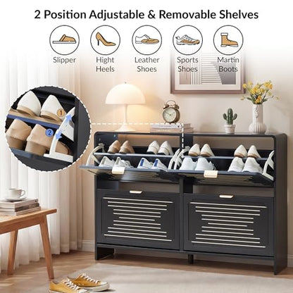 47.2'' Shoe Storage Cabinet for Entryway, Narrow Shoe Rack Organizer with 4 Flip Drawers, Freestanding Wood Hidden Shoe Cabinet with Adjustable Shelf for Hallway, Living Room (Black, 47.24'')