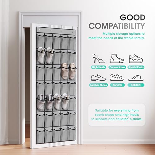 WVM Over the Door Shoe Organizer with 35 Breathable Mesh Pockets, Hanging Shoe Organizer for Door with 4 Metal Hooks, Large Capacity Closet Storage for Shoes, Accessories, Grey - style: Grey