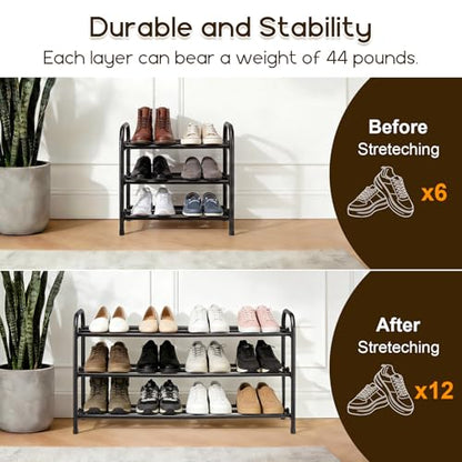 3-Tier Expandable Shoe Rack, Adjustable Shoe Shelf Storage Organizer Durable Metal Free Standing Shoe Rack for Entryway Closet Doorway (Black) - size: 3 Tier
