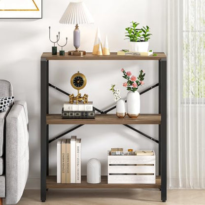 FOLUBAN Small Bookshelf, 3 Tier Open Book Shelf, Rustic Wood and Metal Shelving Unit for Small Space, Oak - color: Oak, size: 3-Tier