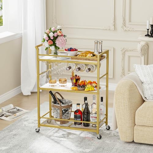 3 Tier Bar Cart, Small Beverage Cart, Mini Bar Cart with Wine Rack, Compact Mini Bar Cart - Please Refer to the Exact Dimensions for Usage Matching Dimensions: 22" W × 13" D × 35.8" H GBC507G - color: Gold, size: General
