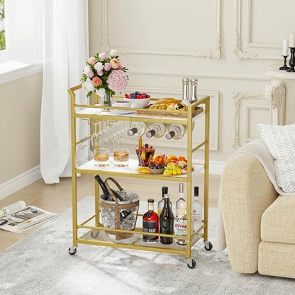 3 Tier Bar Cart, Small Beverage Cart, Mini Bar Cart with Wine Rack, Compact Mini Bar Cart - Please Refer to the Exact Dimensions for Usage Matching Dimensions: 22" W × 13" D × 35.8" H GBC507G - color: Gold, size: General