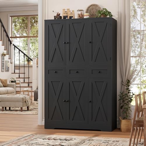 HOSTACK 67"H Farmhouse Kitchen Pantry Storage Cabinet with 3 Drawers, Black | Large Food Pantry Cabinet with Swing-Out Door Rack & Adjustable Shelf for Kitchen, Dining room, Living room - color: Black