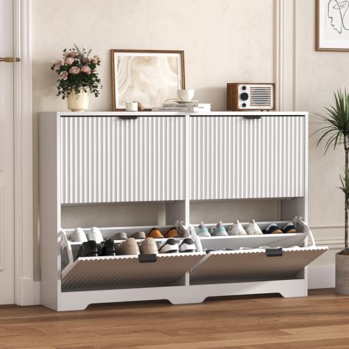 Shoe Cabinet Storage for Entryway with 4 Flip Drawers, White Fluted Shoe Cabinet with Adjustable Shelves, Wooden Hidden Shoes Rack Freestanding Narrow Slim Shoes Storage for Hallway, Entrance - color: White, size: 4 Drawer