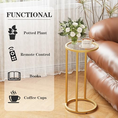 Easy Paws C Table Side End Table,Glass Couch Side Tables for Living Room, Round Sofa End Table with Metal Frame, Small Snack Table for Bedroom, Small Spaces, Easy Assembly (Gold,2pcs) - color: Gold