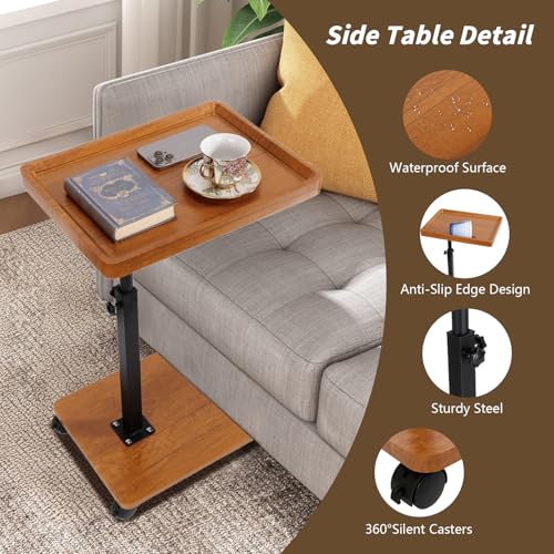 Simcat C Table End Table Adjustable Height, 360° Swivel TV Tray Table for Small Spaces, Couch Tables that Slide Under, C Shaped End Tables with Wheels for Couch Living Room Bedside TV(Brown) - color: As Picture Shows