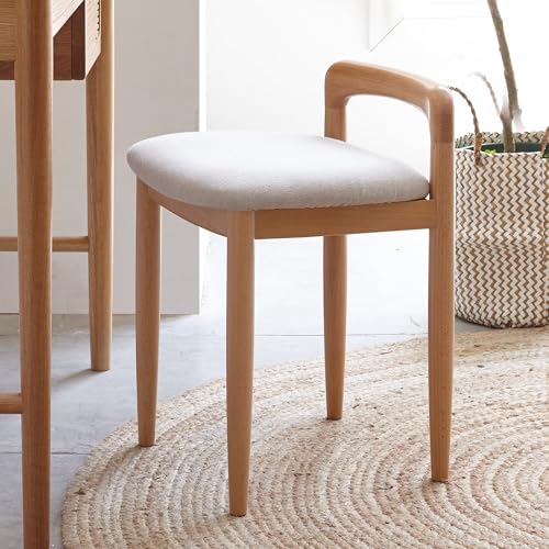 Vanity Stool-Natural Beech Wood Vanity Chair, Wooden Chair for Vanity with Upholstered Cushions for Living Room, Bedroom, White - color: Natural, size: White