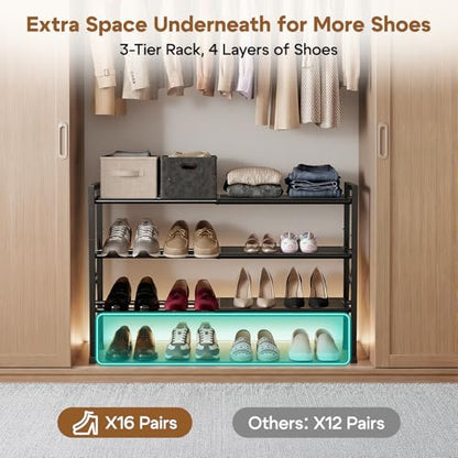 YEASHEIN 3-Tier Expandable Shoe Rack Organizer with Wire Mesh Shelves, Sturdy Metal Shoe Shelf with 4-Tier Storage, adjustable Shoe Stand, Free Standing Shoe Rack for Closet, Entryway, Garage - Black - size: 3 Tier