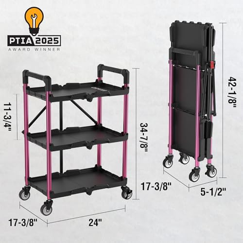 WORKPRO 3-Tier Collapsible Service Cart, Black/Pink, 210 LBS Foldable Utility Cart with Wheels, Portable Rolling Tool Cart for Garage, Warehouse, Home, Restaurant and Office (No Assembly Required) - color: Black/Glossy Pink