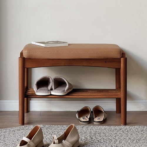Solid Wood Shoe Bench, 24 Inch Entryway Bench with Brown Leather Cushion | Premium brown leather cushion paired with walnut wood finish adds refined texture and mid century style. - color: Walnut + Brown Leather Cushion, size: 23.62"