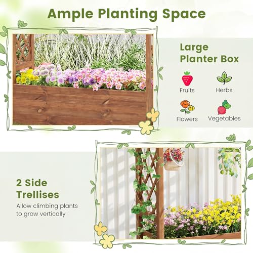 Giantex Raised Garden Bed with Sided Trellis & Roof, 45”x16”x41” Wood Elevated Planter Box, Freestanding Garden Planter Raised Bed for Flowers Herbs Climbing Vines,Brown,1 - color: Brown, size: 45”x16”x41”