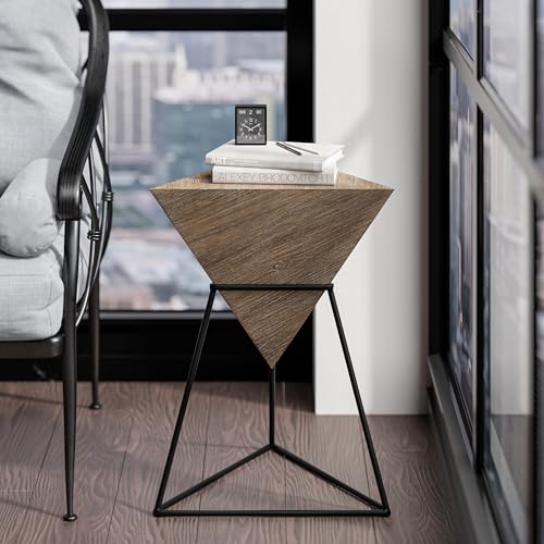 COZAYH Modern Geometric End Table with Wooden Top and Metal Base, Unique Pyramid Side Table Plant Stand for Office, Living Room, Bedroom, Fully Assembled, Triangle, Brown, Nature - color: Brown