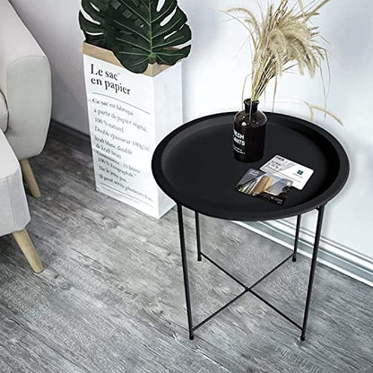 Garden 4 you End Table 2 PCS Metal Side Table Black Round Folding Tray Cyan Sofa Small Accent Fold-able Table, Round End Table Tray, Next to Sofa Table, Snack Table for Living Room and Bed Room - color: Black