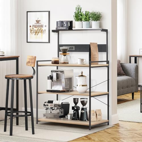 4-Tier Kitchen Baker's Rack with Power Outlet, Microwave Stand and Storage Shelves, Coffee Station Organizer (White Maple and Black) - color: White Maple+black