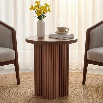 Round Fluted End Table, 17.7'' Mid Century Modern Side Table, Circle Bedside Tables Drink Table Wood Nightstand for Small Spaces, Living Room (Walnut-1PCS) - color: Walnut-1pcs