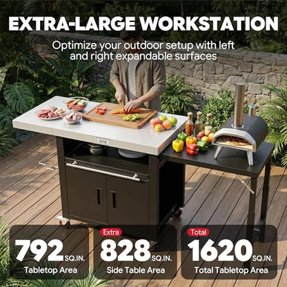 Feasto Outdoor Kitchen Island with Cabinet, 74” x 24” Rolling Grill Table | Grill Table with Stainless Steel Top for Pizza Oven& Griddles, Movable Bar Cart with Pull-Out Plate for Parties & Gathering - size: Large