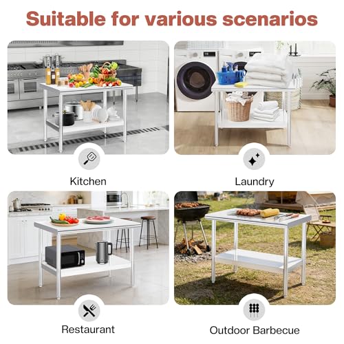 Jocisland 30" x 48" Stainless Steel Table for Prep & Work, Food-Grade Stainless Steel Adjustable Under Shelf and Feet, for Commercial Kitchen, Restaurant, Hotel, Garage - size: 30x48 in, style: Rounded Table Corner