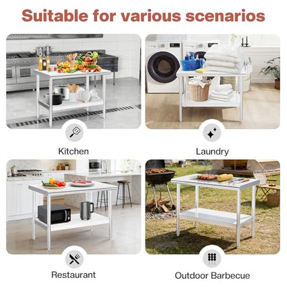 Jocisland 30" x 48" Stainless Steel Table for Prep & Work, Food-Grade Stainless Steel Adjustable Under Shelf and Feet, for Commercial Kitchen, Restaurant, Hotel, Garage - size: 30x48 in, style: Rounded Table Corner