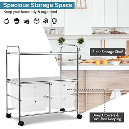 GOFLAME 4-Drawer Rolling Storage Cart with 2 Shelves, Mobile Utility Cart with Removable Drawers and Metal Frame, Art Craft Drawer Cart with Lockable Wheels for Home, Office, School, Studio, Clear - color: Clear