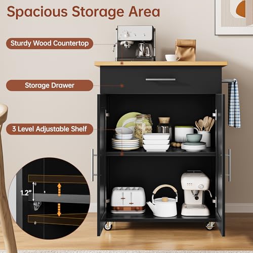 Mobile Kitchen Island on Wheels, Large Drawer, Black | On Wheels, Large Drawer, Adjustable Shelf, Towel Rack, Rolling Island Table,for Kitchen & Dining Room - size: Small Kitchen Island, style: Modern Black