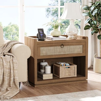 31" Wide Rattan Nightstand with Charging Station, End Side Table | Drawer & Open Shelf, Extra Large Night Stand, Farmhouse, Boho, Wood Bedside Table for Bedroom,Living Room,Office - color: Caramel Oak