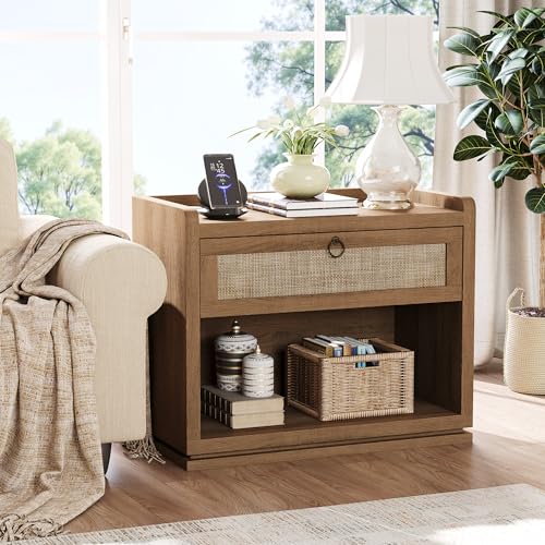 31" Wide Rattan Nightstand with Charging Station, End Side Table | Drawer & Open Shelf, Extra Large Night Stand, Farmhouse, Boho, Wood Bedside Table for Bedroom,Living Room,Office - color: Caramel Oak