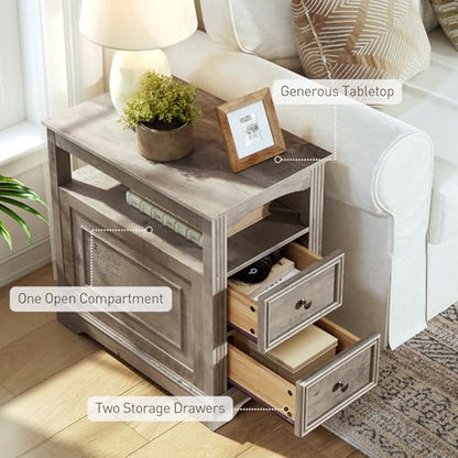 Farmhouse End Table with 2 Drawers, Narrow Sofa Side Table with Storage and Open Shelf, Wooden Nightstand for Small Spaces, Bedroom, Living Room, Greige - color: Greige