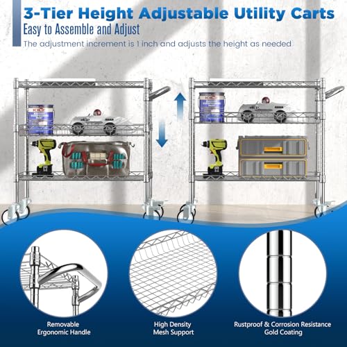 Leteuke 3 Tier Rolling Carts with Wheels, Heavy Duty Rolling Utility Cart | NSF Commercial Grade Metal Cart with Handle&Shelf Liner,Trolley Serving Cart for Kitchen,Restaurant,Plant Display,Chrome - color: Matte Chrome