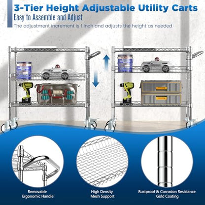 Leteuke 3 Tier Rolling Carts with Wheels, Heavy Duty Rolling Utility Cart | NSF Commercial Grade Metal Cart with Handle&Shelf Liner,Trolley Serving Cart for Kitchen,Restaurant,Plant Display,Chrome - color: Matte Chrome
