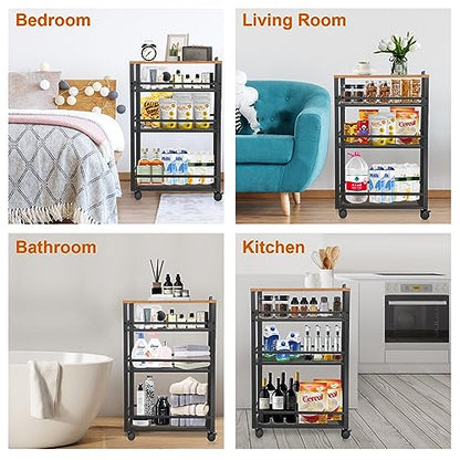 2026 New, Slim Kitchen Storage Cart, 3-Tier Metal Rolling Utility Cart Mesh Basket, Multifunction Wire Basket Shelf Trolley for Home Laundry, Bathroom, Living Room, Black - color: Black