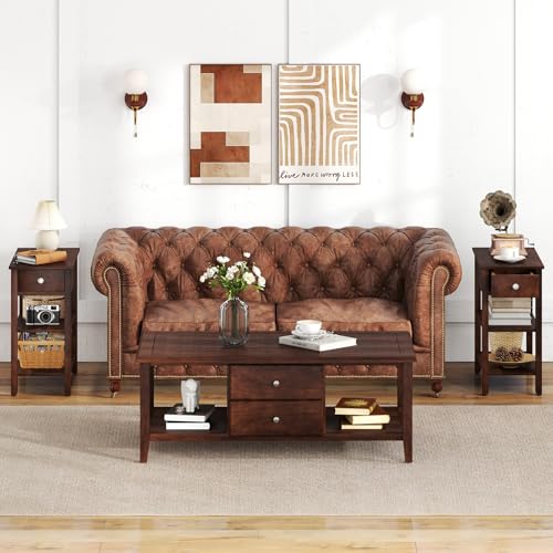 Giantex Narrow End Table Set of 2, Farmhouse Side Tables with Drawer & Storage Shelves, Wood Sofa Side Tables, 3-Tier Nightstands for Small Space, Living Room, Bedroom, 23.5"L x 12"W x 24.5"H, Walnut - color: Walnut