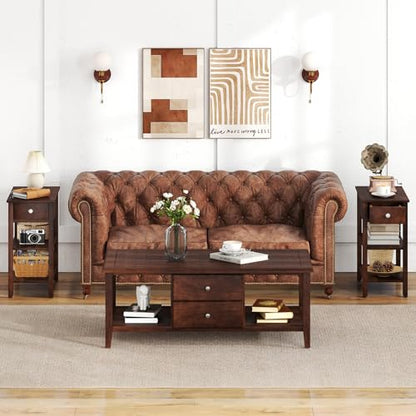 Giantex Narrow End Table Set of 2, Farmhouse Side Tables with Drawer & Storage Shelves, Wood Sofa Side Tables, 3-Tier Nightstands for Small Space, Living Room, Bedroom, 23.5"L x 12"W x 24.5"H, Walnut - color: Walnut