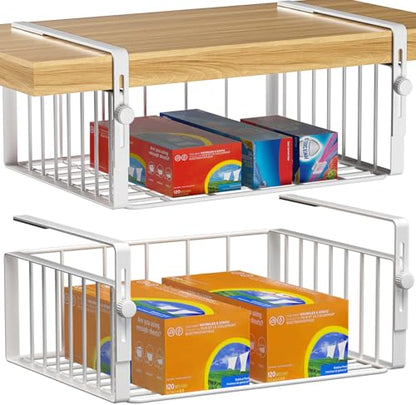 AmonHouseware 2Pack Under Shelf Basket Storage,Adjustable Hanging,White | Under Cabinet Shelf Add-on, Slide-in Baskets,Organizer for Laundry Room Kitchen Pantry Desk Bookshelf Counter Cupboard - color: White