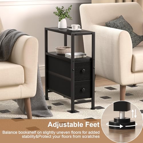 Small Narrow Side Table with Drawers, Skinny End Table for Small Spaces, Slim Nightstand with Storage, Sofa Bedside Table in Living Room, Bedroom, Study, Kitchen and Balcony (Black) - color: Black