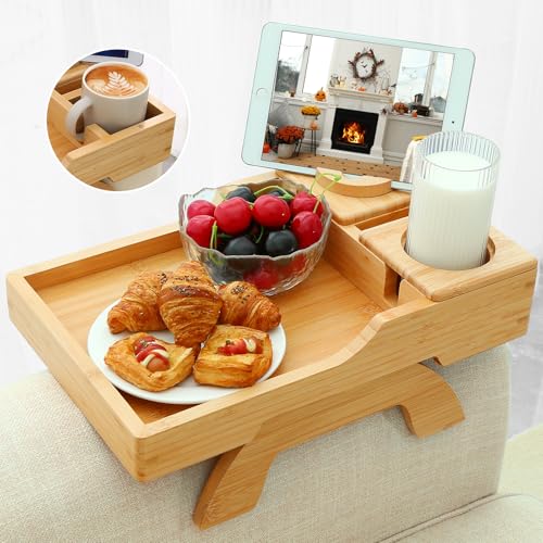 GHKINMAL Bamboo Couch Cup Holder, 4 in 1 Couch Arm Trays with 360°Rotated Phone Holder, Non-Slip Clip on Side Table for Drinks/Remote/Snacks, Ideal Gift for Husband, Wife, Parents - color: Natural Bamboo