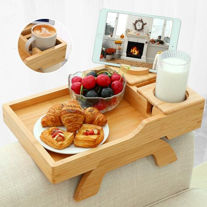 GHKINMAL Bamboo Couch Cup Holder, 4 in 1 Couch Arm Trays with 360°Rotated Phone Holder, Non-Slip Clip on Side Table for Drinks/Remote/Snacks, Ideal Gift for Husband, Wife, Parents - color: Natural Bamboo