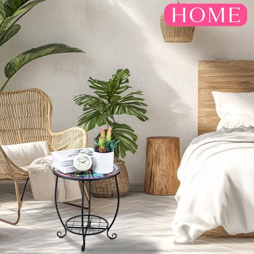 Cinnvoice Outdoor Side Table Round Small Mosaic Patio Accent Indoor End Plant Coffee Tea Table for Yard Patio Porch Garden Living Room, Bedroom(Flamingo Style,14 Inch) - size: 14 Inch, style: Flamingo Style