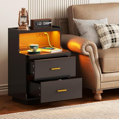 Yusong LED Nightstand Bedside Table with Charging Station 2 Drawers, Modern Sofa Couch End Side Table with LED Lights and Pull-Out Shelf for Bedroom, Black - color: Black 003