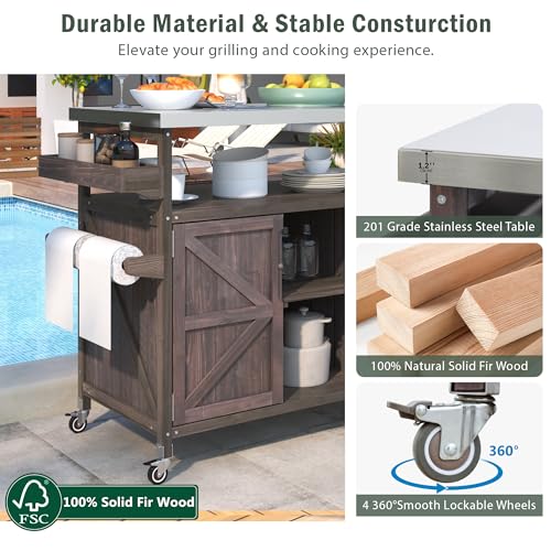 Merax 50" Outdoor Kitchen Grill Cart Island on Wheels with Stainless Steel Top,Farmhouse Style Solid Wood Frame Storage Cabinet for Backyard - color: Dark Brown