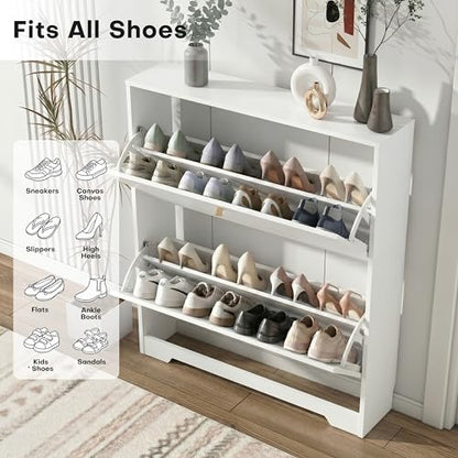 Nicetree Shoe Cabinet with 2 Flip Drawers, Narrow Shoe Organizer Cabinet, Freestanding Shoe Rack Cabinet, Modern Shoe Storage Cabinet for Entryway, Hallway, Foyer, White with Hook - color: White, style: 2-Drawers with Hook