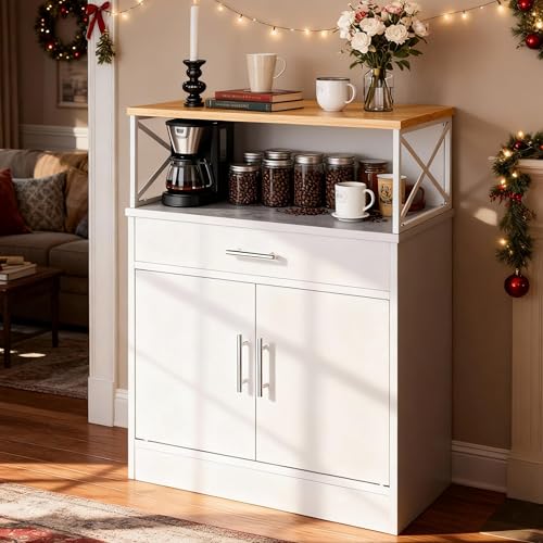 SUNLEI Farmhouse Buffet Sideboard with 2 Doors and 1 Drawer, Open Storage & Adjustable Shelf, Coffee Bar Cabinet for Kitchen/Laundry/Living Room, White - color: White, size: 31.5 inch