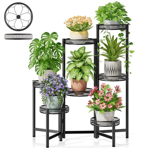 Plant Stand Indoor Outdoor, 7 Tier Large Plant Stand with 7.9-Inch Wide Drainage Tray, Tiered Corner Metal Iron Flower Display Holder Shelf, Folding Tall Rack for Patio Balcony Porch - BlackFlower - color: BlackFlower, size: 7-tiers