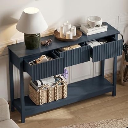 Treocho 47" Fluted Console Table with 3 Drawers and Storage Shelf | Narrow Long Entryway Table,Behind Couch Accent Tables, Entrance Foyer, Hallway, Living Room, Blue - color: Blue