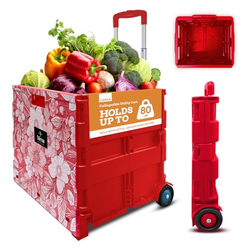Ultra-Slim Rolling Collapsible Storage Pack-N-Roll Utility-carts, with Telescopic Handle, for Home, Garden, Shopping, Office, School use, Large, Red, White Flower Print - color: Flower Print