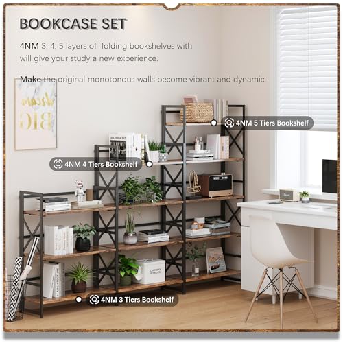 4NM 5 Tiers No Assembly Book Shelves, 51.2" H Folding Bookshelf Bookcase Open Industrial Foldable Shelves for Bedroom, Living Room, Home Office - Rustic Brown Black - color: Rustic Brown Black, size: XX 5-Tier