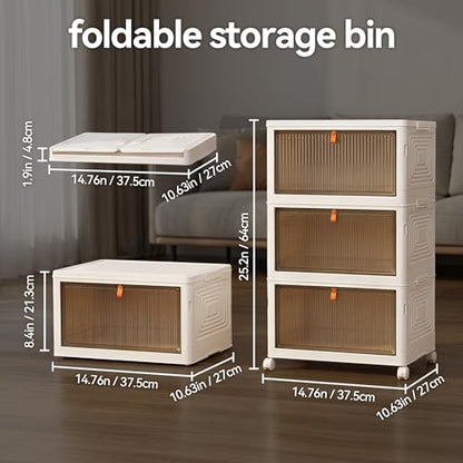 LDQ Storage Bins with Lids, 3 Tier 69QT Stackable Storage Cabinet, Foldable Closet Organizer with Doors & Wheels, Plastic Storage Drawers for Bedroom, Living Room, Bathroom