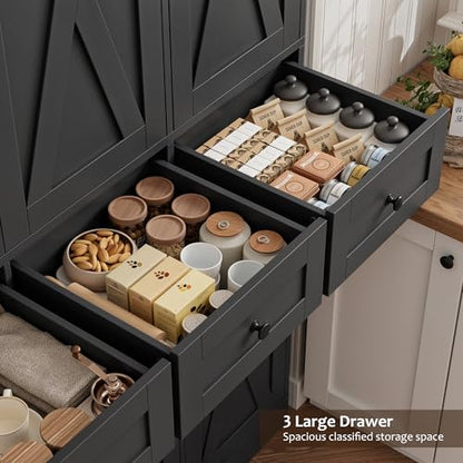 HOSTACK 67"H Farmhouse Kitchen Pantry Storage Cabinet with 3 Drawers, Black | Large Food Pantry Cabinet with Swing-Out Door Rack & Adjustable Shelf for Kitchen, Dining room, Living room - color: Black