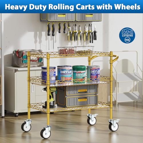 Leteuke 3 Tier Rolling Carts with Wheels, Heavy Duty Rolling Utility Cart | NSF Commercial Grade Metal Cart with Handle&Shelf Liner,Trolley Serving Cart for Kitchen,Restaurant,Plant Display,Gold - color: Gold